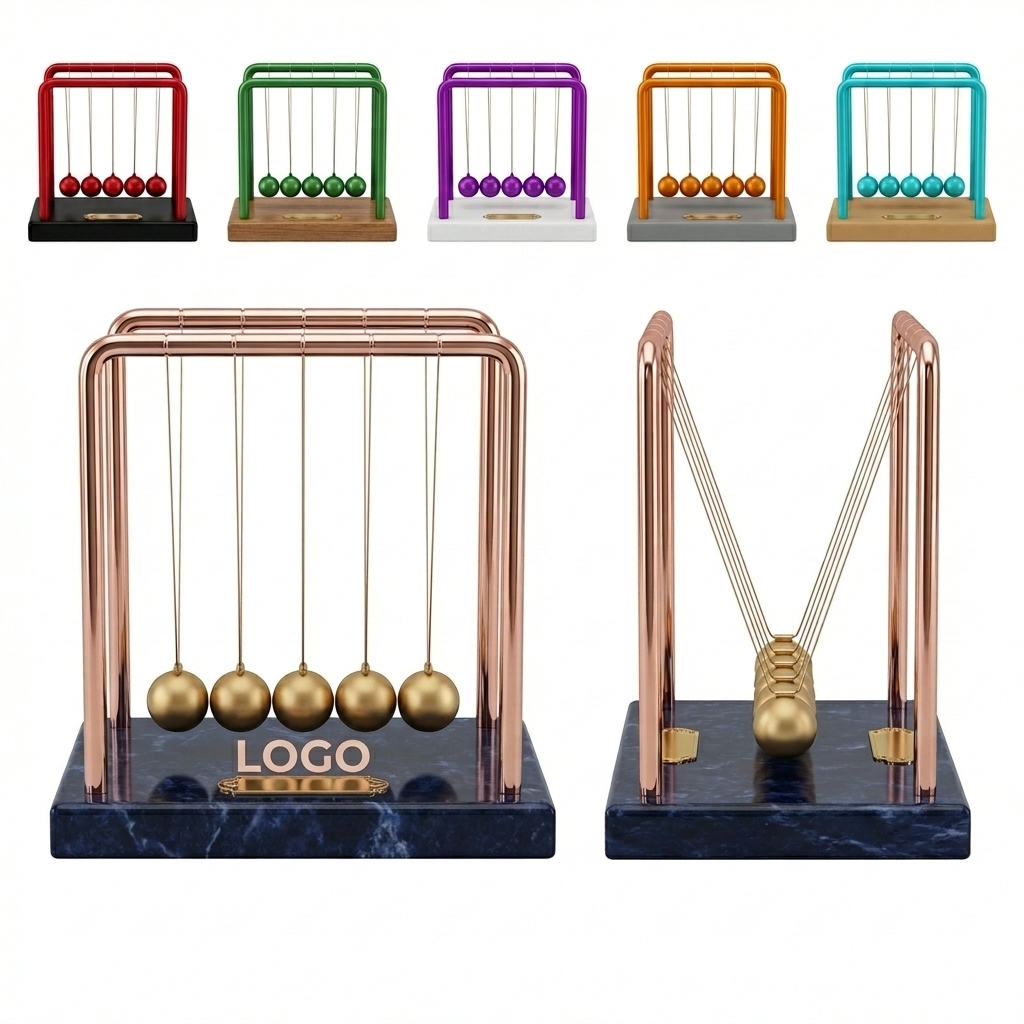 Multicolor Stainless Steel Newton's Cradle Desk Toy with Marble-Effect Base