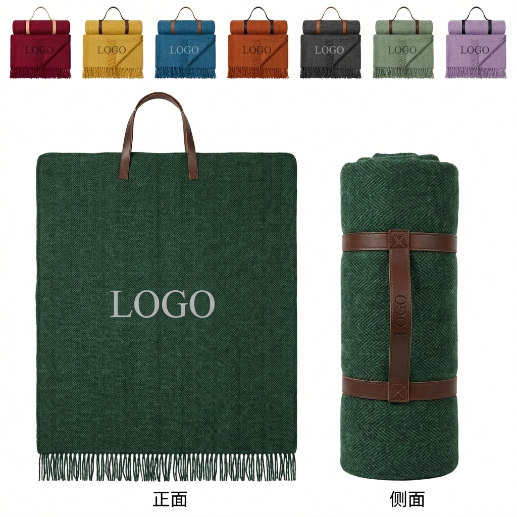 Herringbone Pattern Water-Resistant Picnic Blanket with Carry Strap