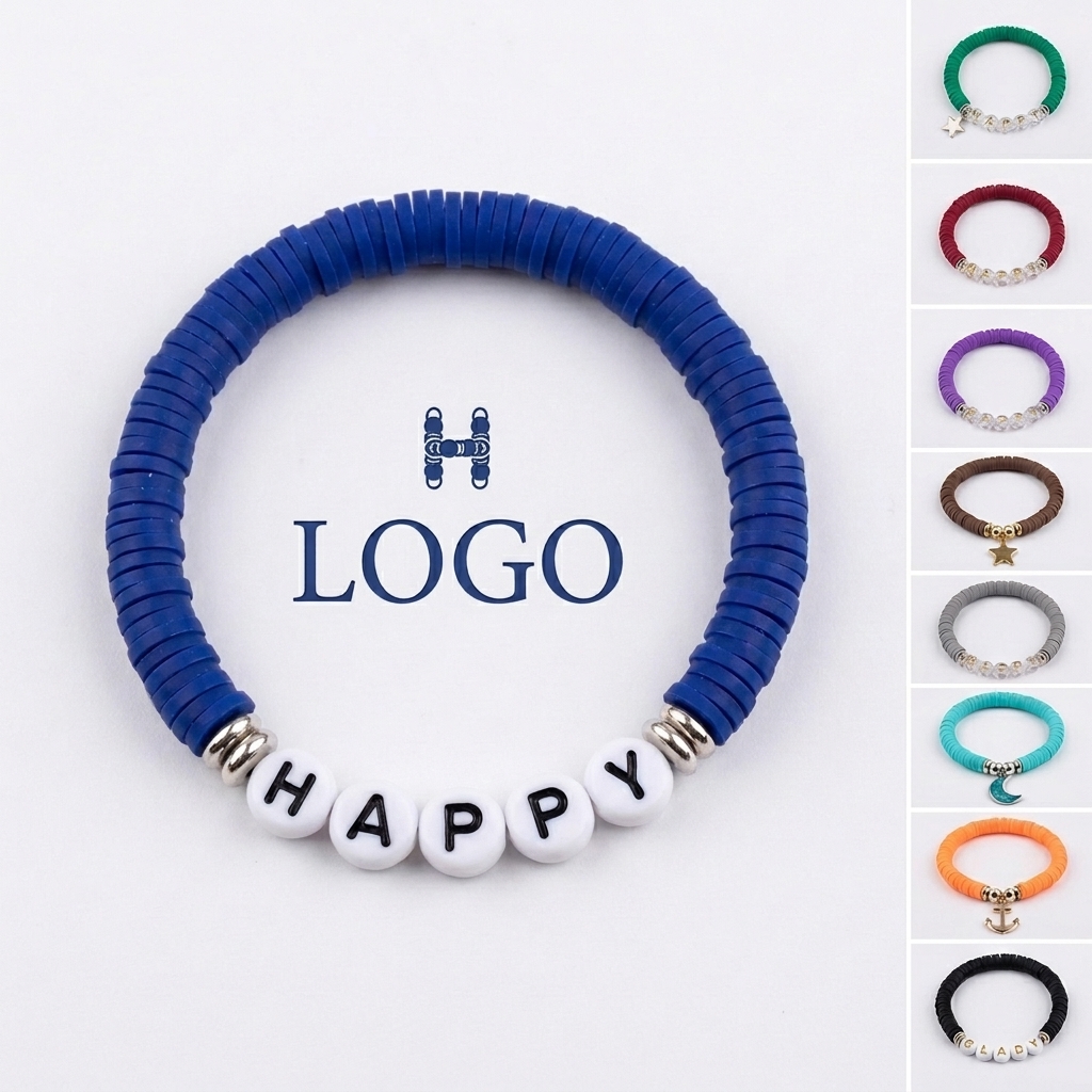 Customizable Clay Letter Bead Bracelet with Elastic String for Women