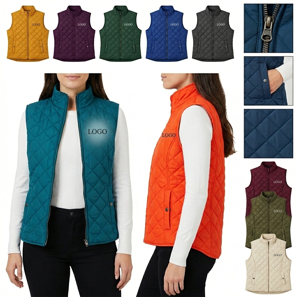 Zipper Front Sleeveless Puffer Vest - Diamond Quilted Warm Jacket for Layering