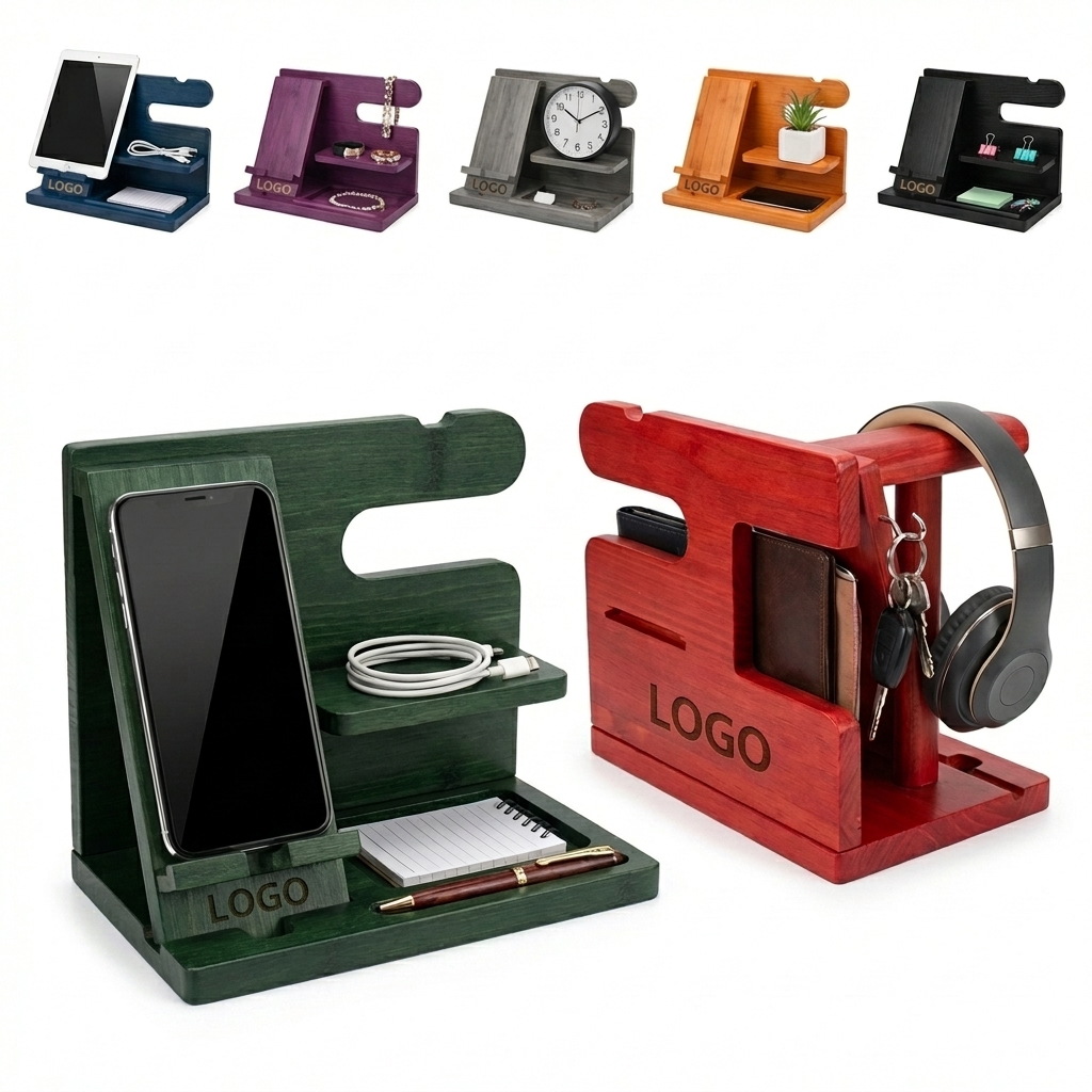 All-in-One Sturdy Wood Charging Dock and Nightstand Organizer for Phones