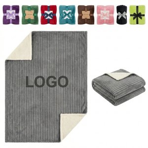 Grey & Cream Striped Plush Two-Layer Blanket for Sofa, Bed and Travel