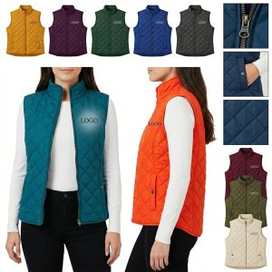 Zipper Front Sleeveless Puffer Vest - Diamond Quilted Warm Jacket for Layering
