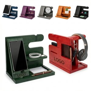 All-in-One Sturdy Wood Charging Dock and Nightstand Organizer for Phones