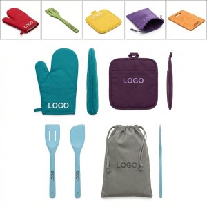 7-Piece Bamboo Kitchen Utensil Set with Heat-Resistant Gloves & Mat